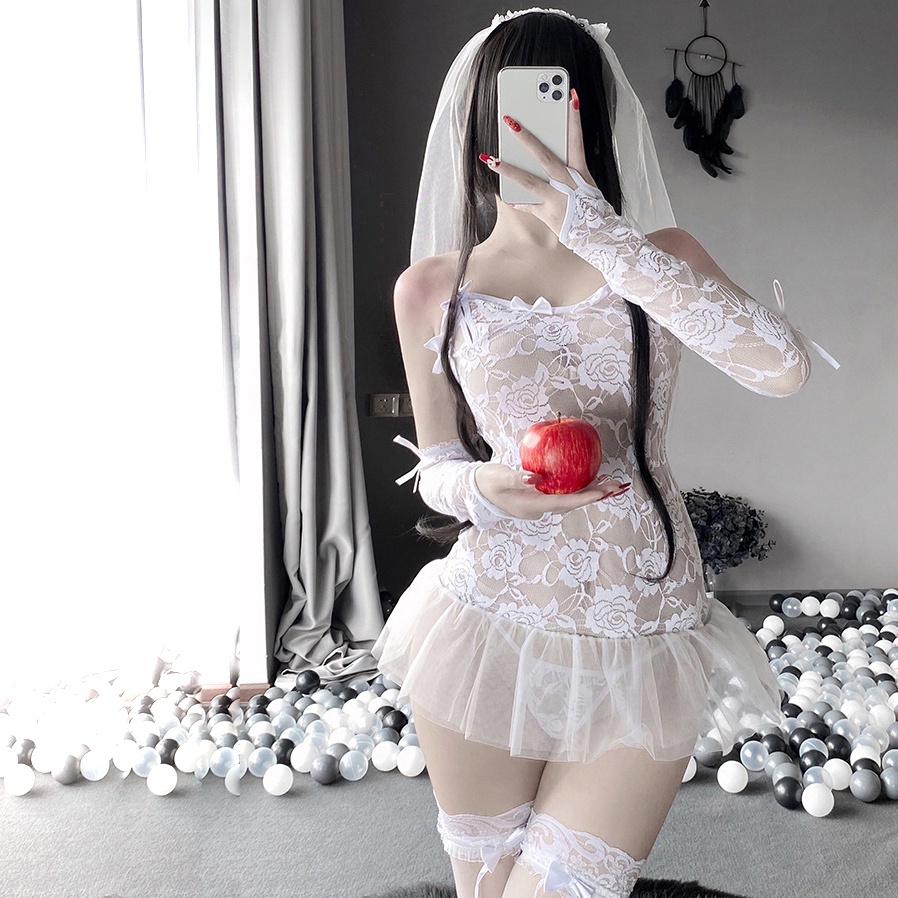 Đồ ngủ sexy đồ ngủ nữ cosplay cô dâu 2 sexy ren lưới hoa văn màu trắng freesize QUENQUEN store a2 | BigBuy360 - bigbuy360.vn