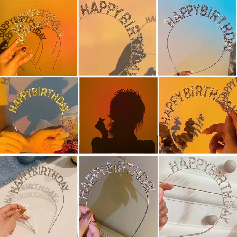 Băng Đô Vương Miện Sinh Nhật Đính Đá Kim Cương Chữ Happy Birthday Phong Cách Hàn Quốc Cho Nữ