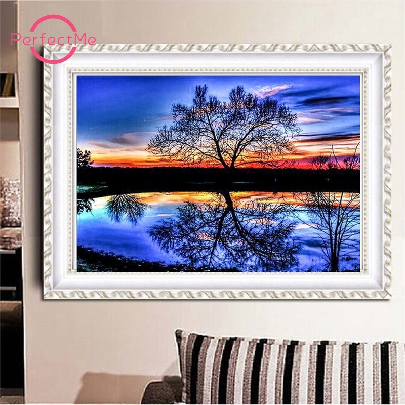 Bộ tranh đính đá DIY hình hoàng hôn 30x40cm để trang trí nhà