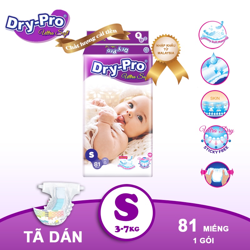 Tã/bỉm dán Dry-Pro siêu mềm nhập khẩu Malaysia size S81 (3kg - 7kg) - Gói 81 miếng