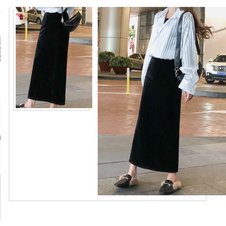 Váy nhung, váy đen, váy dài phong cách hàn quốc, cạp cao, xẻ tà, váy một bước mỏng
