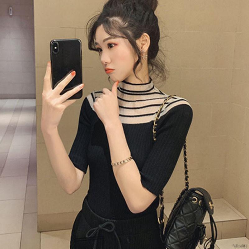 Áo nữ dệt kim tay lửng cổ lọ thiết kế đơn giản thanh lịch thời trang