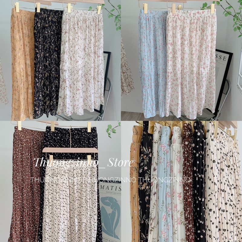 Chân váy hoa xếp li nhỏ Chân váy hoa nhí vintage dáng dài hàng Quảng Châu