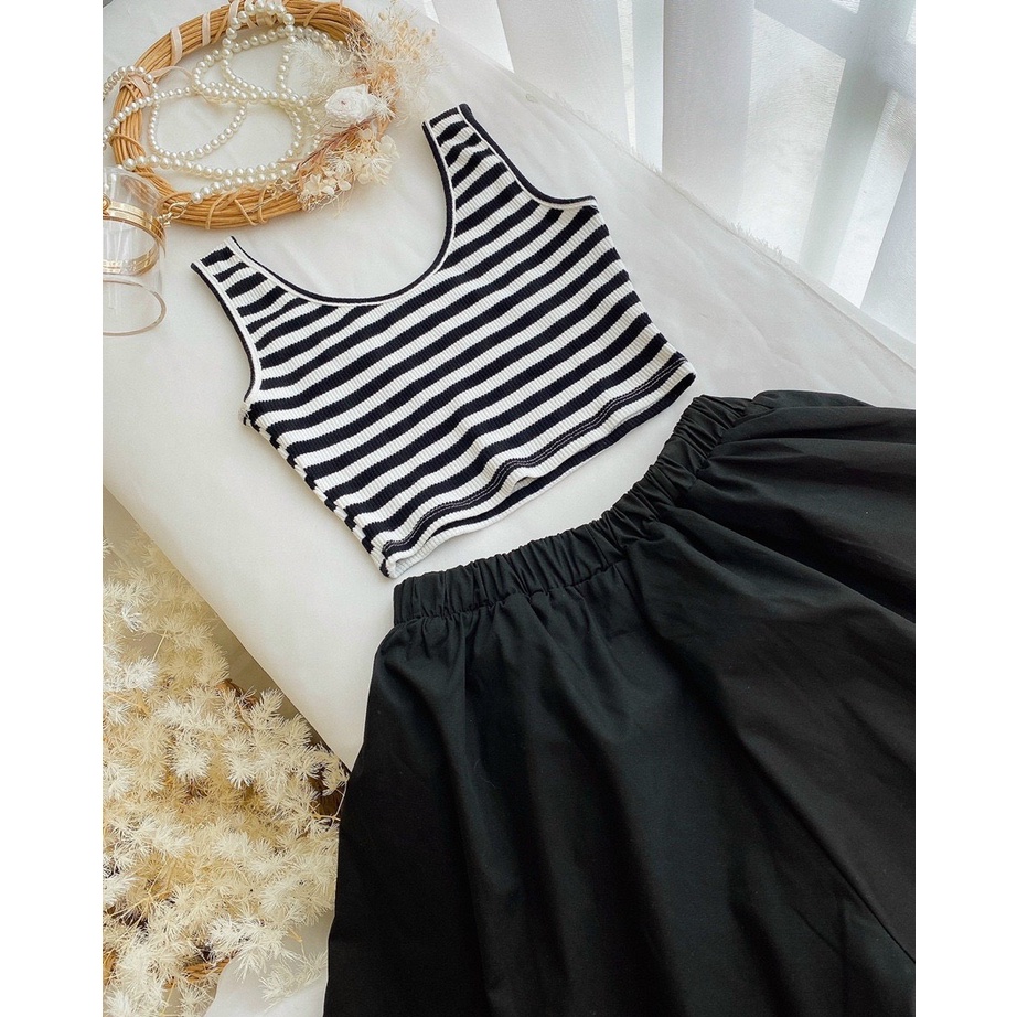 set ba lỗ sọc ngang mix quần short xòe k