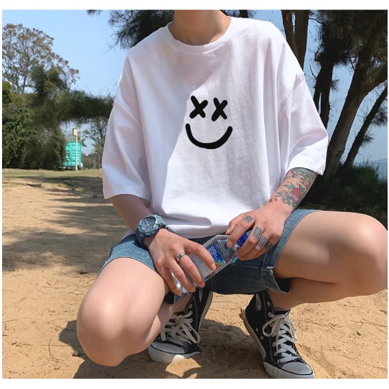 Áo thun nam nữ form rộng unisex, áo phông cotton tay lỡ phong cách Mặt Cười Nhỏ