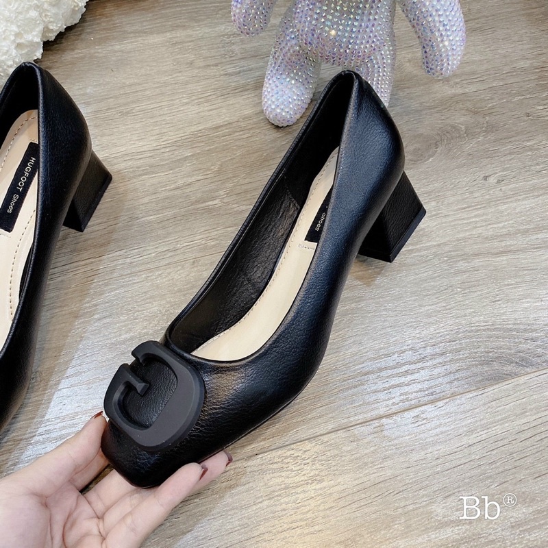 Giầy gót trụ 5 cm khoá chữ G da lỳ + da lộn