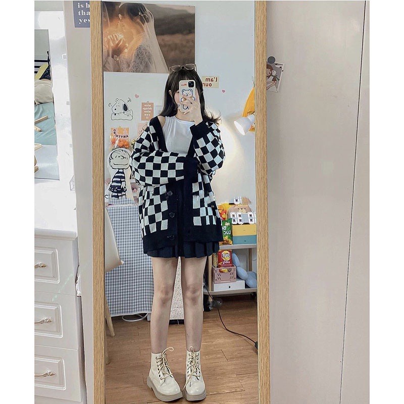 ❃Áo cardigan nữ dài tay họa tiết bàn cờ dáng rộng thời trang unisex/ khoác ngoài cổ V cúc cài kẻ ô đen trắng trẻ trung
