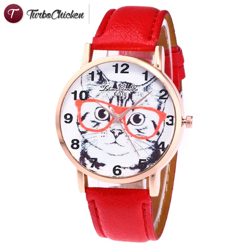 #Đồng hồ đeo tay# Faux Leather Strap Wrist Watches Cute Cat Cartoon Printing Couple Watches Round Dial Casual Quartz Watch 