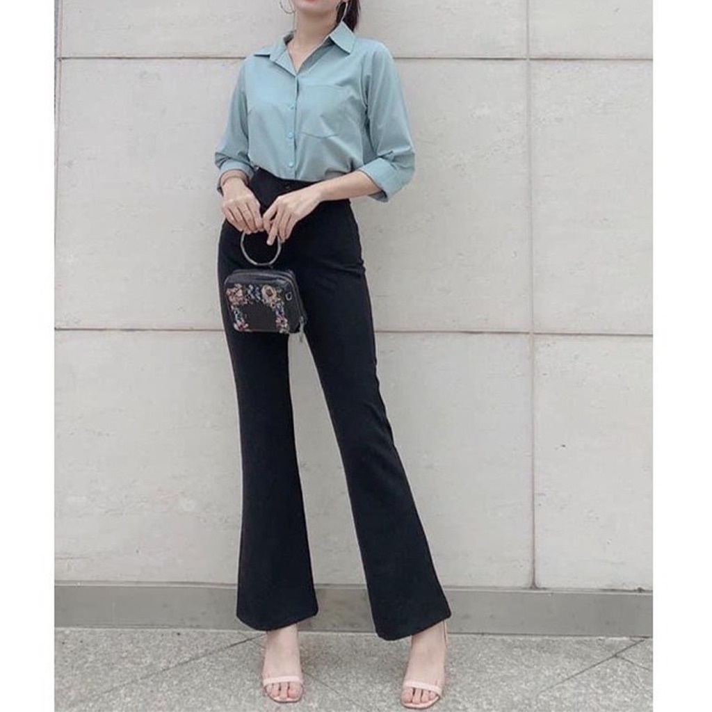Quần ống loe nữ dáng dài lưng cạp cao, Quần tây nữ vải tuyết mưa ống vẩy form chuẩn nhiều màu đen trắng nâu be GE896