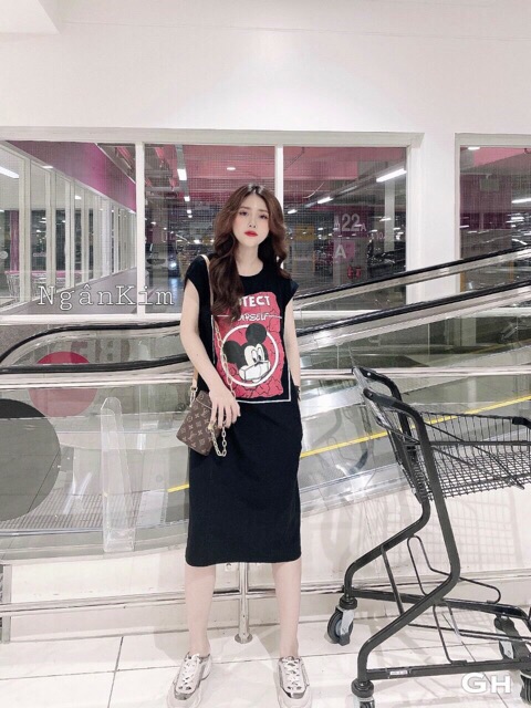 [vayxuong]ĐẦM SUÔNG COTON NỮ CHUỘT MICKY in chữ “ROCTEC”