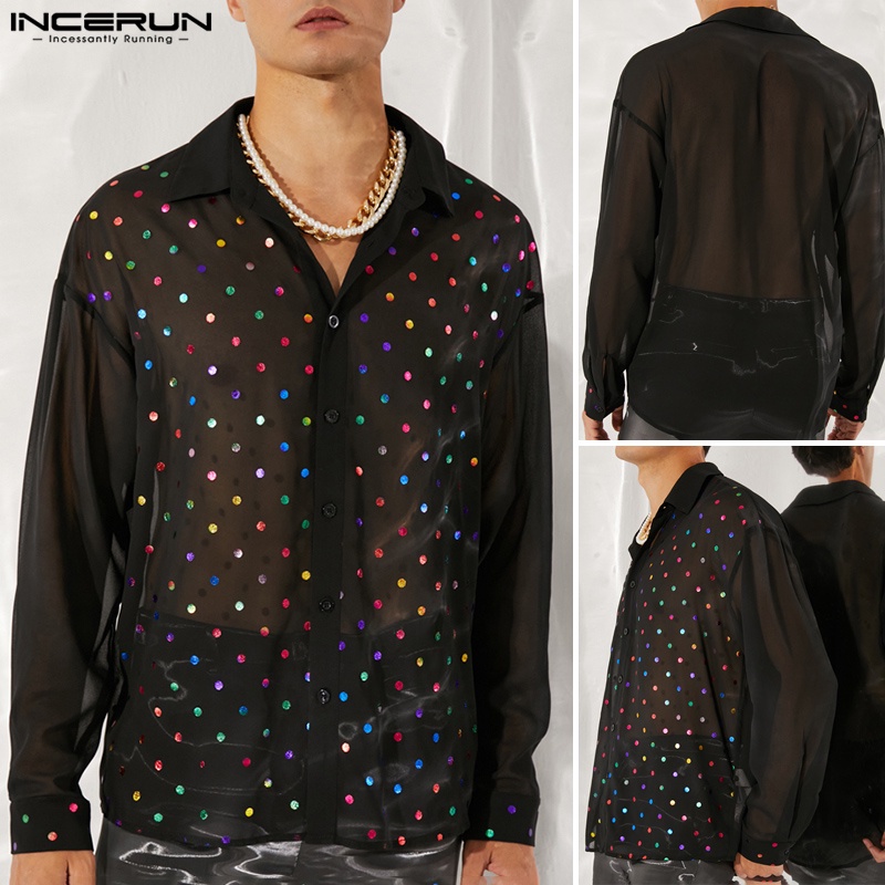 INCERUN Áo Sơ Mi Nam Dài Tay Cài Nút Họa Tiết Chấm Bi Thông Minh Trang Trọng