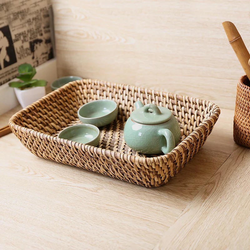 Khay mây đan thủ công BAMBOOO ECO vát đáy đa năng đựng ấm trà bánh mỳ màu sắc tự nhiên