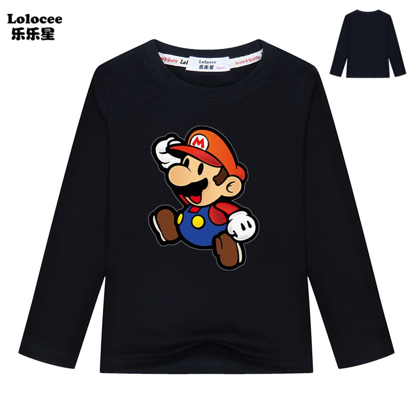 Áo Thun Cotton Tay Dài Hình Mario Cho Bé Trai Từ 5-13 Tuổi
