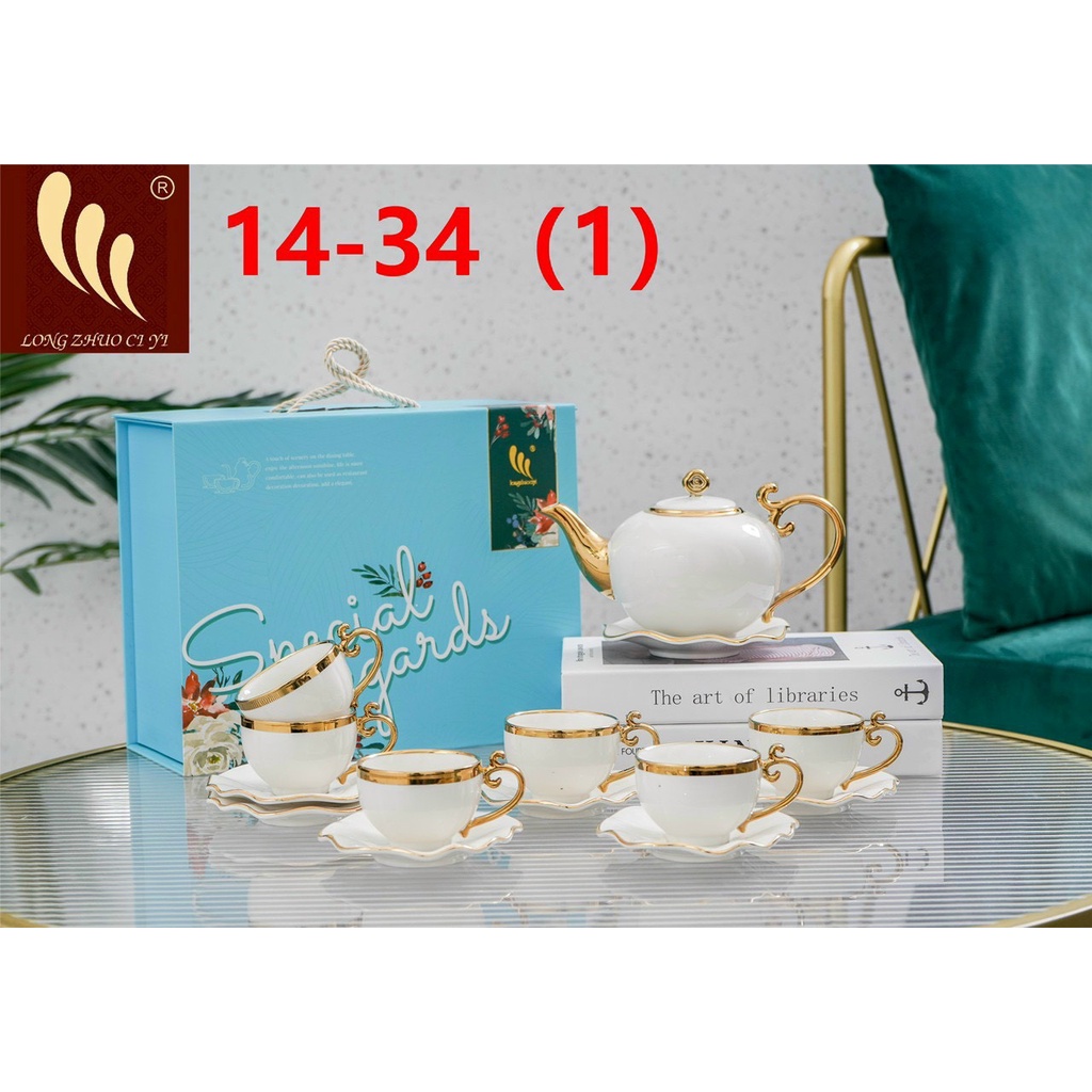 Bộ ấm chén pha trà kèm đĩa lót chén mà trắng viền vàng, hàng đẹp