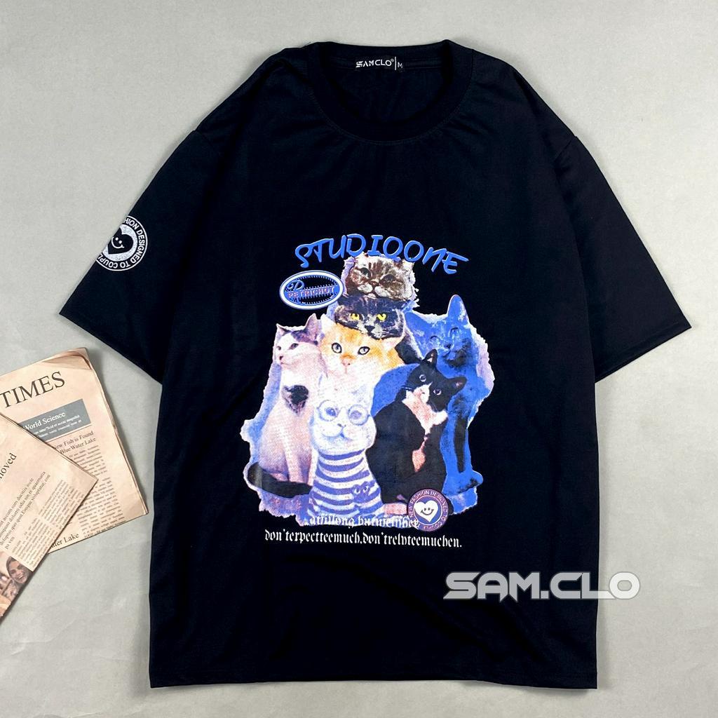 Áo phông tay lỡ nam nữ SAM CLO thun form rộng dáng Unisex - mặc cặp, nhóm, lớp in ĐÀN MÈO STUDIO