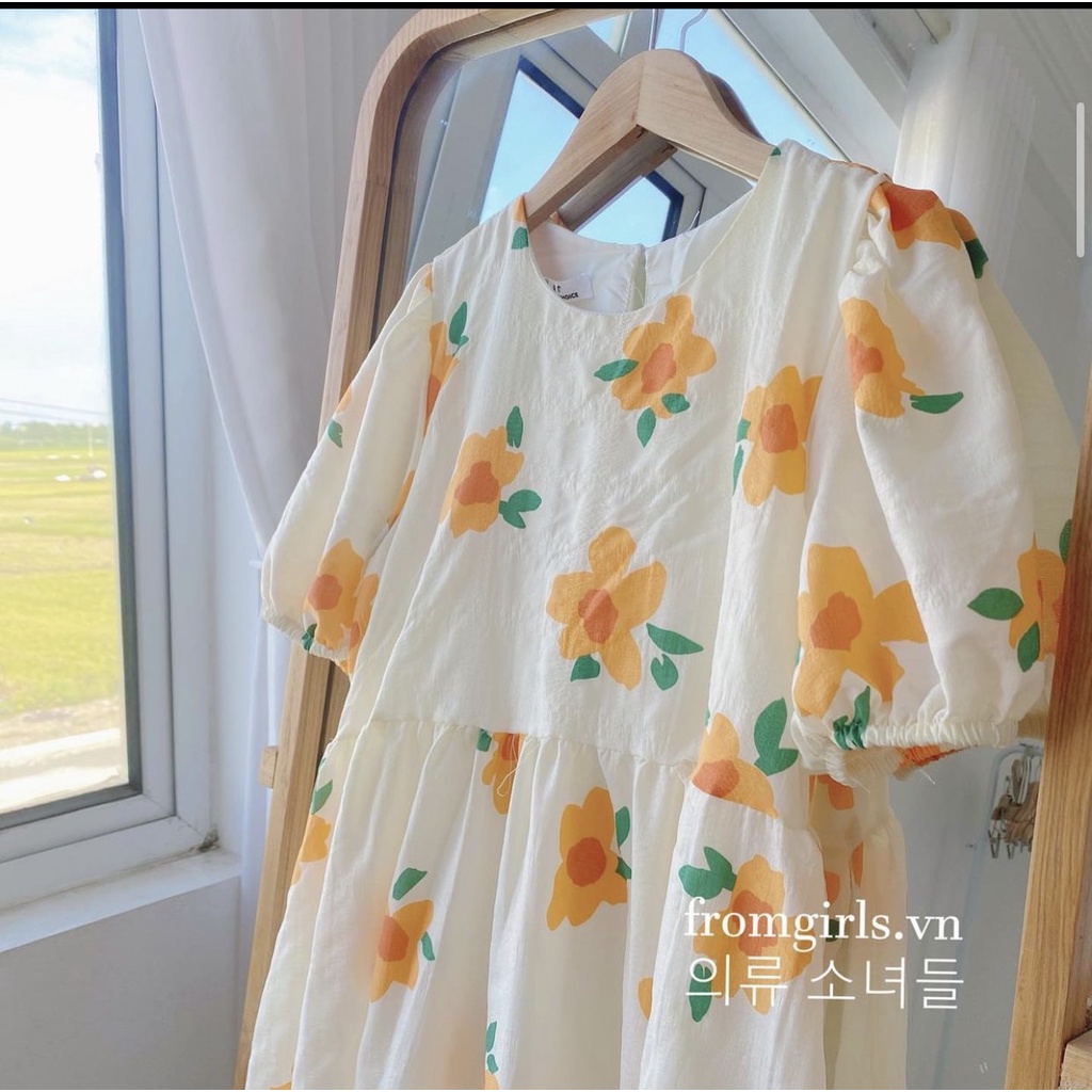 Đầm Babydoll Hoa Cam Tay Bồng Đầm Hoa Dáng Dài Siêu Xinh