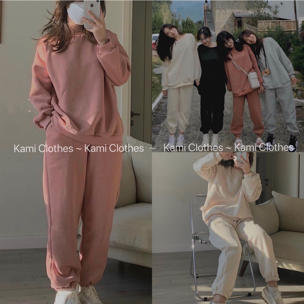 Set bộ nỉ dài tay trơn nam/nữ, set áo hoodie nỉ và quần jogger thu đông - KAMI Clothes