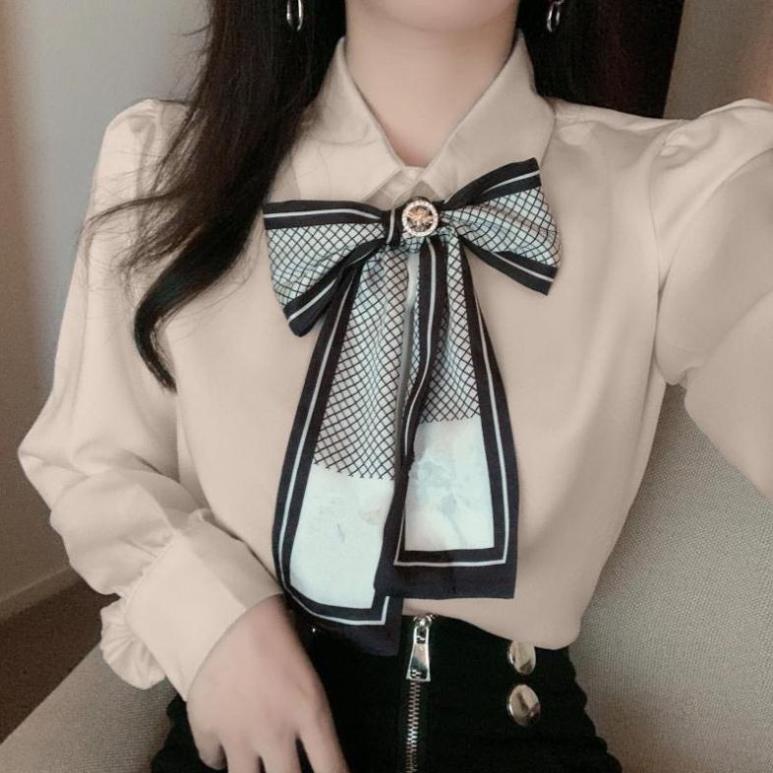 Áo sơ mi nữ form rộng ống tay bo dài cổ phối nơ phong cách thời trang lịch lãm Ulzzang Hàn Quốc