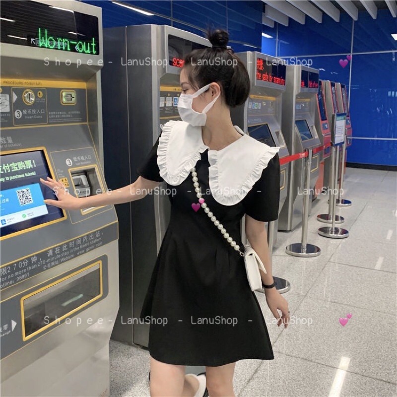 Váy xoè nhẹ cổ sen xinh yêu, Đầm xuông A phối cổ trắng