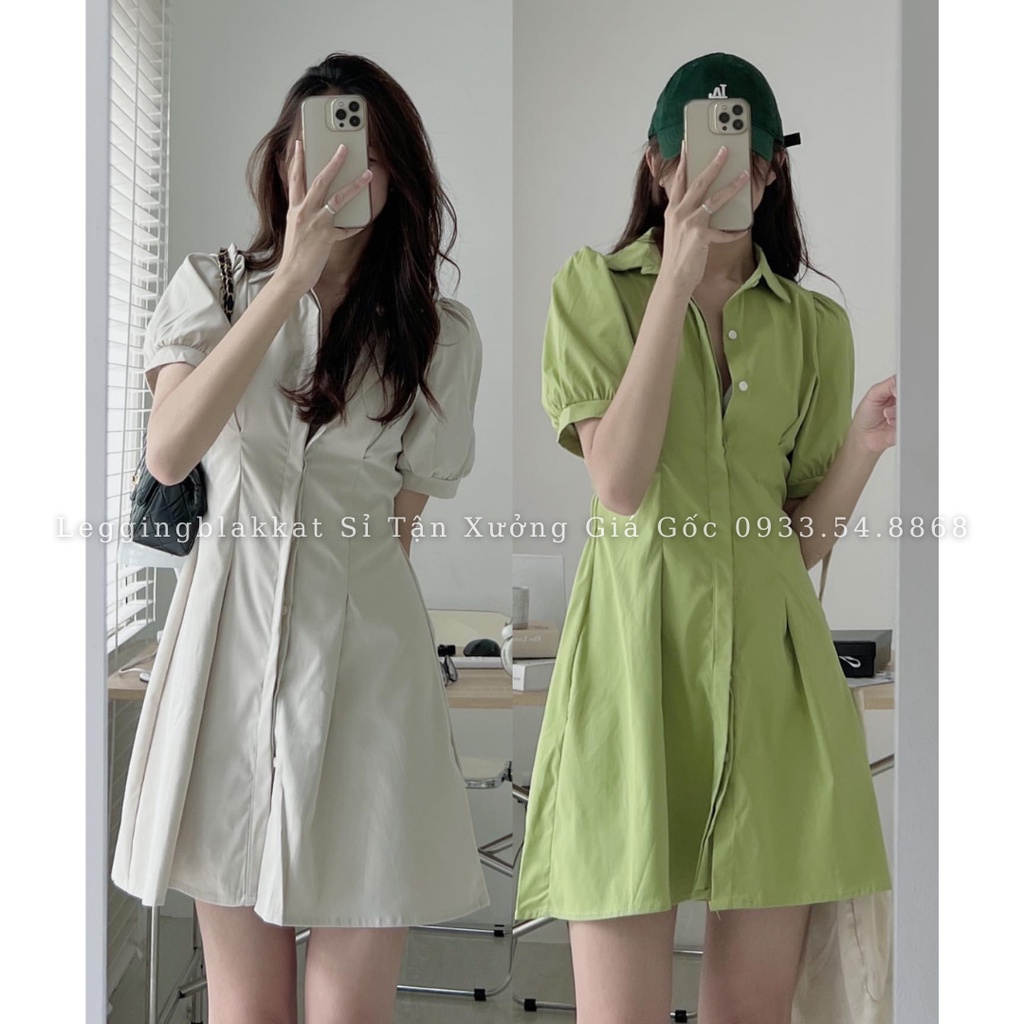 Đầm váy sơ mi cổ đức dấu khuy tay bồng hàng thiết kế siêu đẹp đầm váy sơ mi 5918