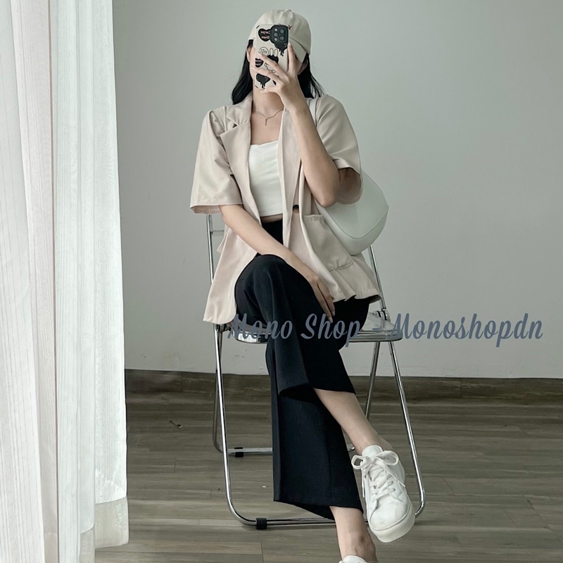 Áo blazer ngắn tay túi hộp nhún vai Ảnh thật/ sẵn