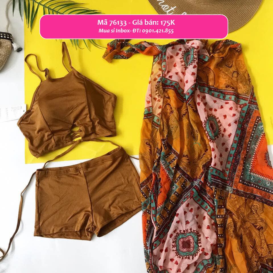 (Hàng nhập) Set Bikini 3 món gồm áo + quần + váy choàng Họa Tiết Bohemian #76133- Vàng nâu | BigBuy360 - bigbuy360.vn
