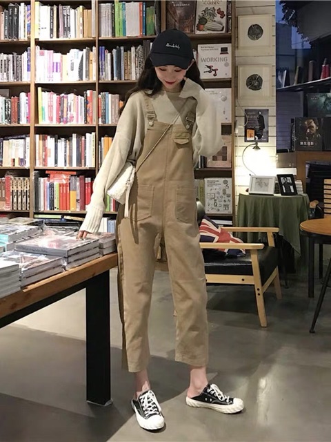 [KÈM ẢNH THẬT + SẴN] quần yếm kaki dài túi ngực ulzzang hàn quốc basic màu be đậm | BigBuy360 - bigbuy360.vn
