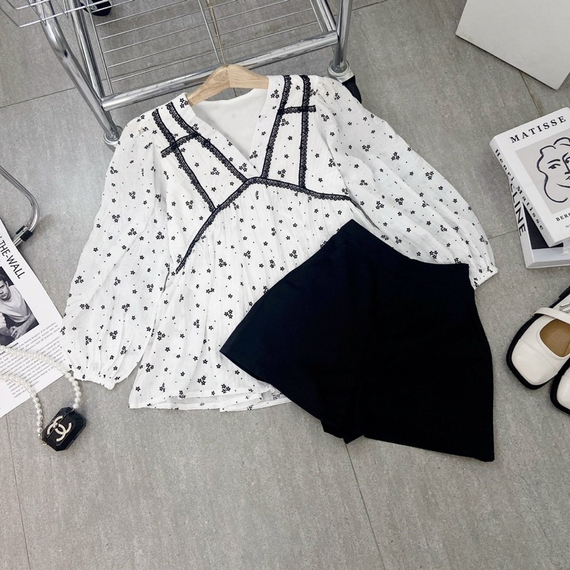 Set babydoll viền hoa ren kèm quần short TH