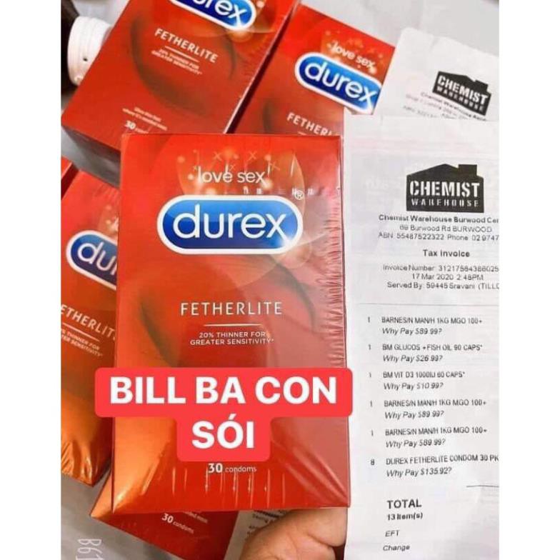 [Hàng nội địa Úc] Bao cao su Durex Fetherlite hộp 30 chiếc