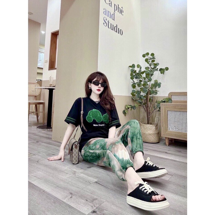 Đồ bộ thun cotton form rộng gấu bông nổi xanh lá