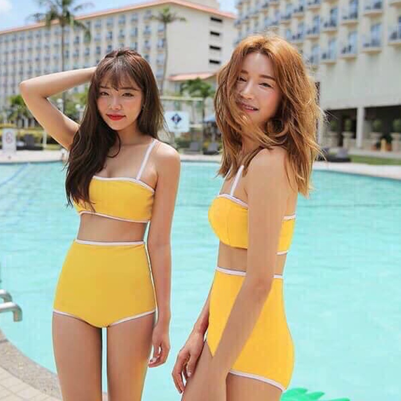 Bikini Hai Mảnh Viền Trắng 2 Dây Quần Lưng Cao Kín Đáo Đồ Bơi Đi Biển Cao Cấp - Liluxu Store