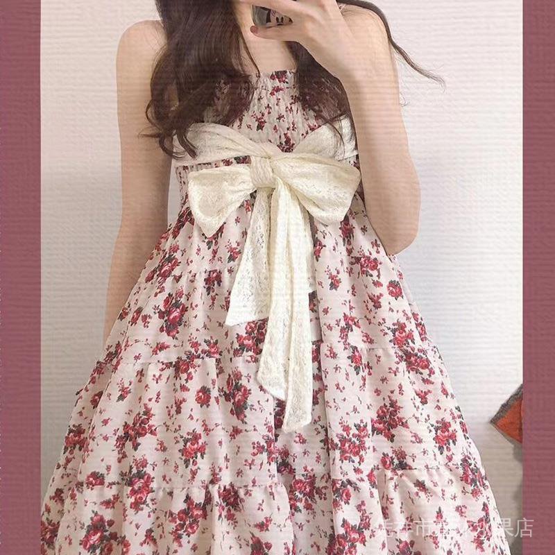 Đầm Chiffon Hai Dây In Họa Tiết Hoa Chuông/Trái Tim Phong Cách Retro Pháp Dành Cho Nữ Váy Hoa áo Dài Nữ |