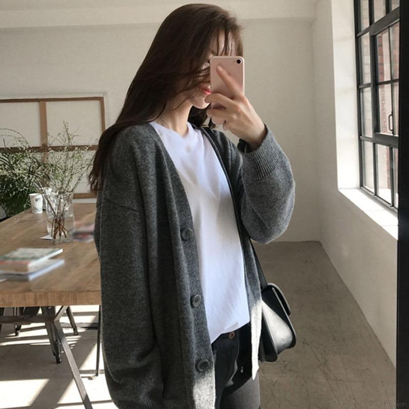 Áo Khoác Cardigan Dệt Kim Cổ Chữ V Tay Dài Màu Trơn Kiểu Hàn Quốc Đơn Giản | BigBuy360 - bigbuy360.vn