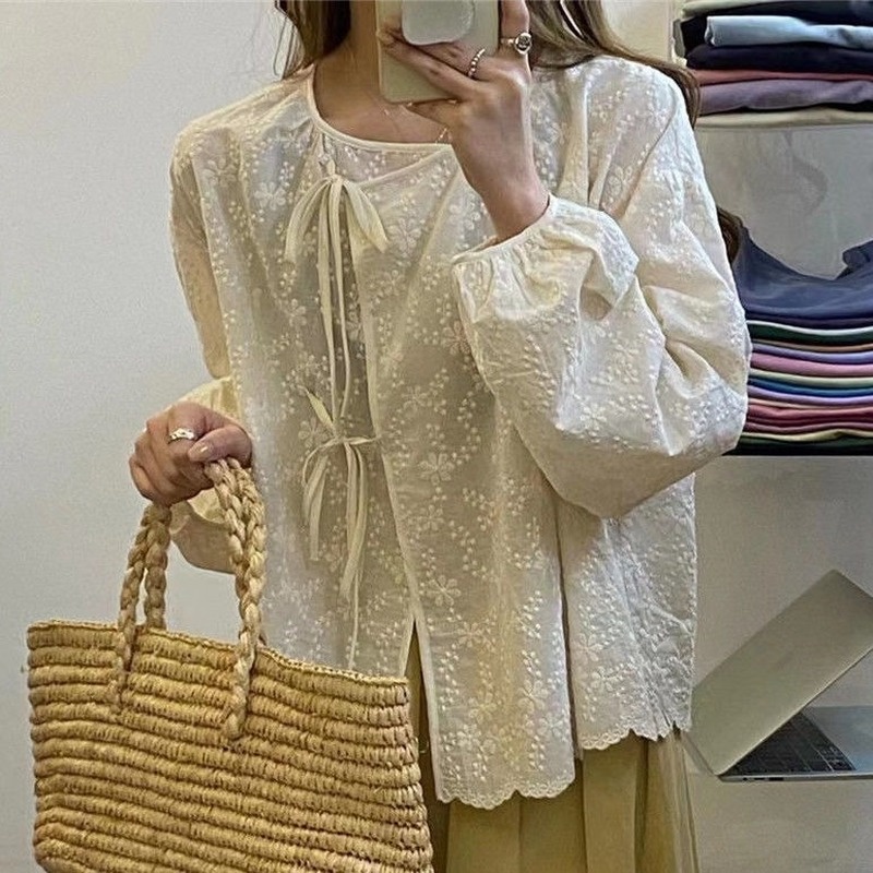 Áo Sơ Mi Đan Móc Mỏng Màu Trơn Thời Trang Xuân Thu Hàn Quốc Mới