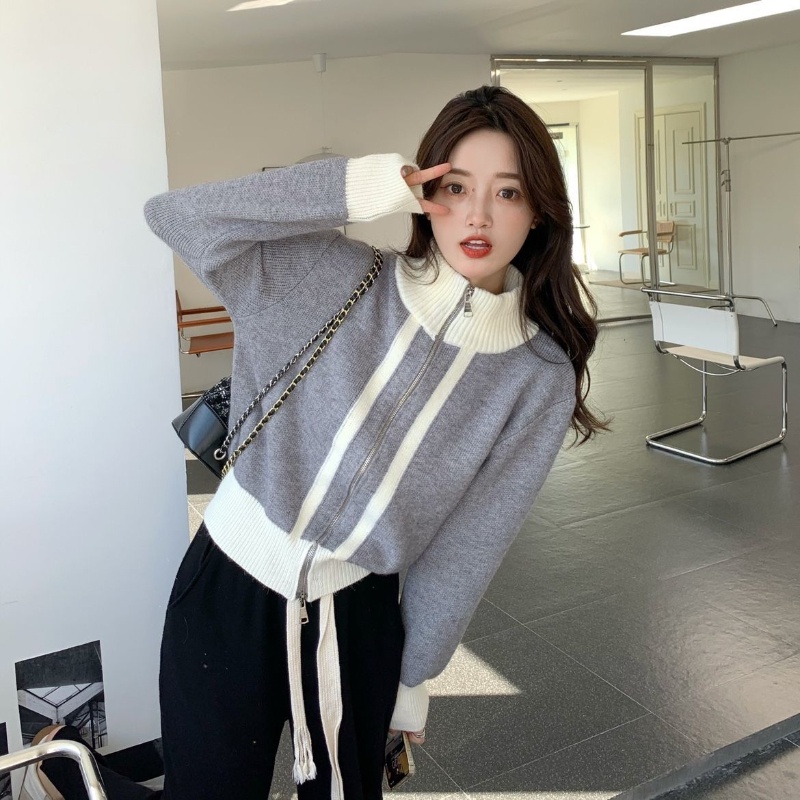 COZOK Áo Khoác cardigan Dệt Kim Tay Dài Cổ Cao Màu Sắc Tương Phản Có Khóa Kéo Thời Trang
