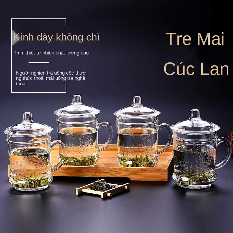 Chén trà Ly thủy tinh chịu nhiệt Dung tích lớn nước dày có nắp tay cầm kiểu Trung Quốc Mận phong lan Hoa cúc tre