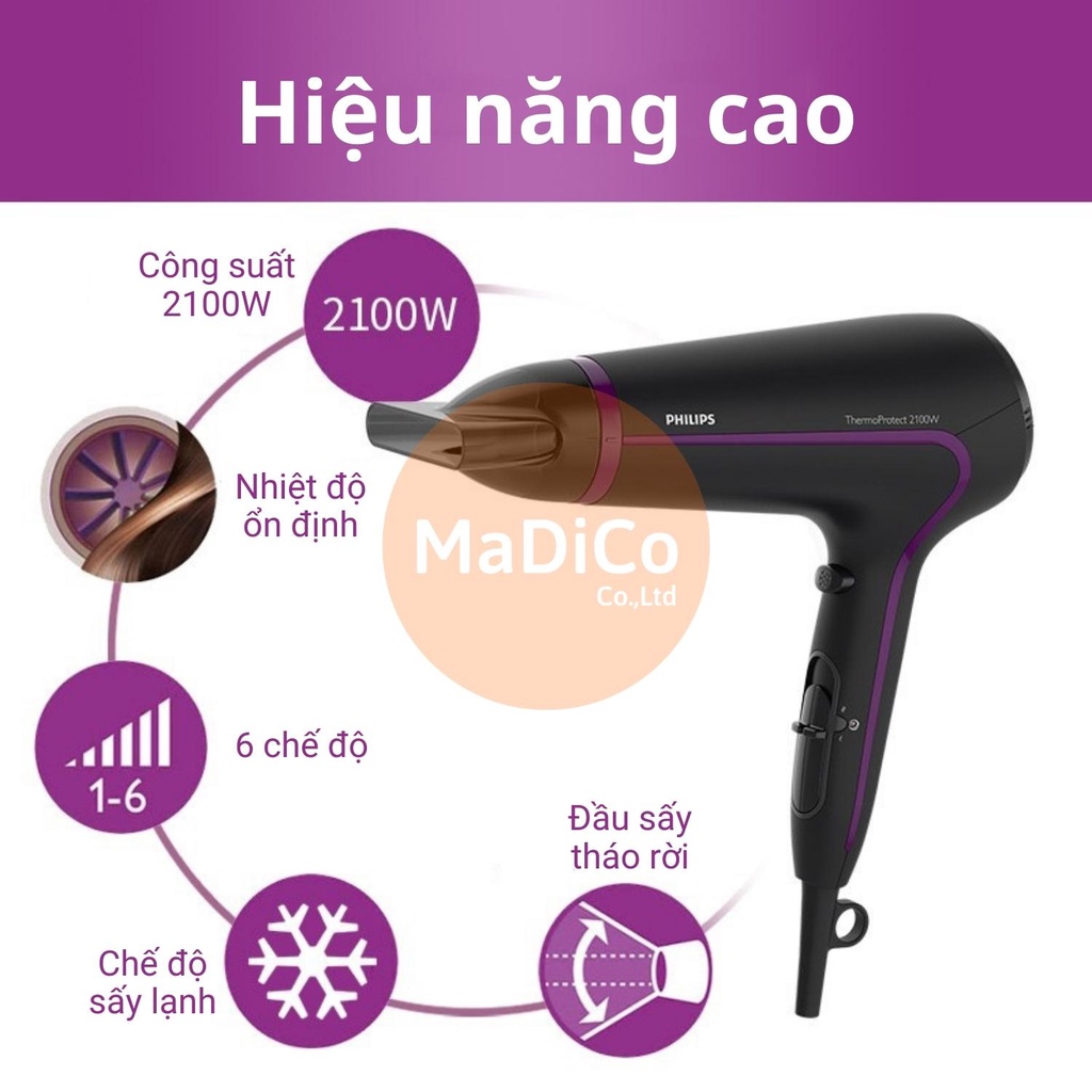 Máy sấy tóc Philips 2 chiều nóng lạnh công suất lớn 2100W tạo kiểu tóc chuyên nghiệp chuẩn salon HP8230 - BH 2 năm