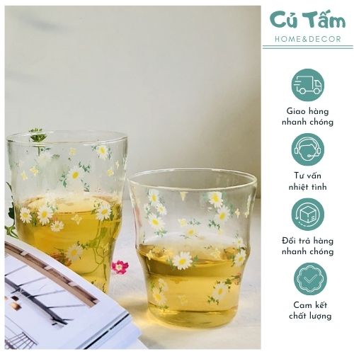 Cốc thủy tinh, ly thủy tinh chịu nhiệt cao cấp họa tiết cúc họa mi phong cách Hàn Quốc - cutam.homedecor