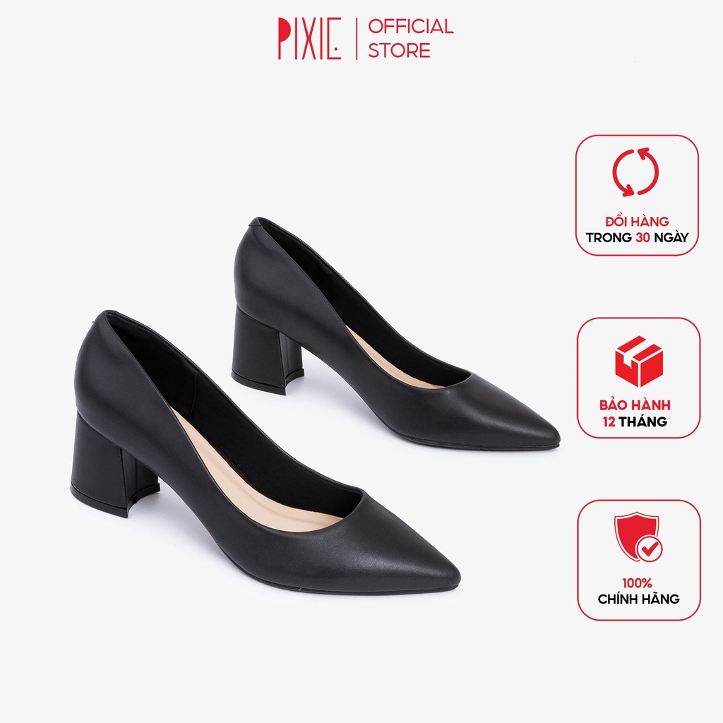 [Form nhỏ] Giày Cao Gót Đế Vuông 5cm Mũi Nhọn Basic Màu Nâu Pixie P055