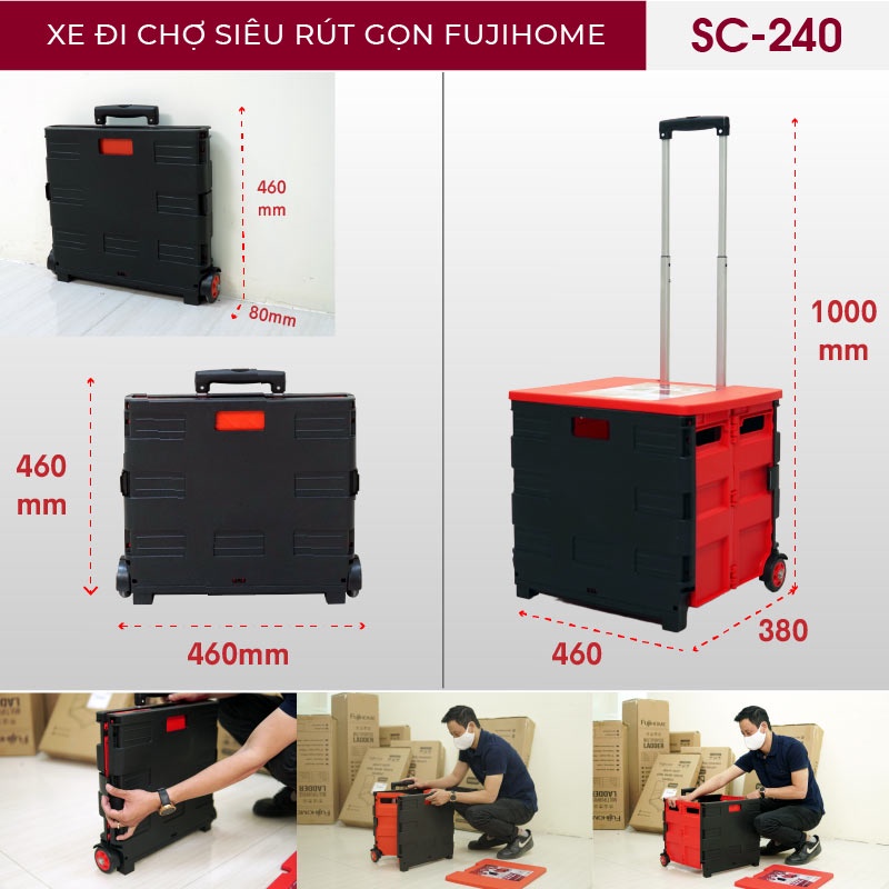 Xe kéo hàng hình vali gấp gọn 2 bánh Nhật Bản Nhập Khẩu Fujihome, xe đẩy hàng xếp gọn đi chợ mini đa năng siêu thị, ô tô