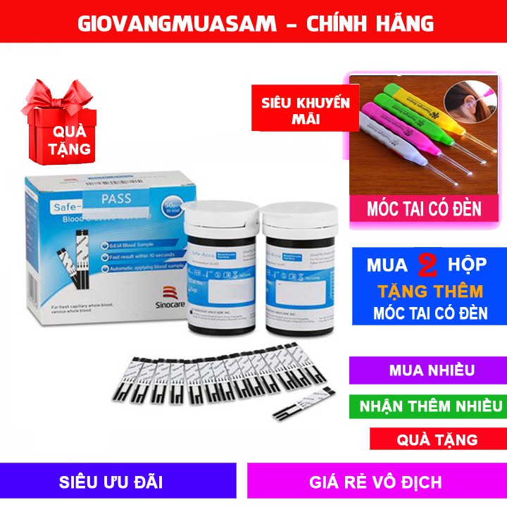 Que thử Sinocare safe Accu2, Hộp 50/ 25 Que thử Accu2 + kim chích máu + mua 5 hộp tặng MÓC TAI CÓ ĐÈN