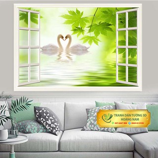 Tranh decal 3D bóc dán trang trí hình cửa sổ đôi thiên nga uyên ương phù hợp trang trí phòng ngủ đầu giường