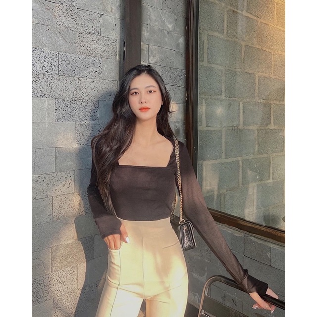 Áo Croptop Cổ Vuông Xỏ Ngón Thun Gân Xịn Ko Xù Lông Hh.vintage