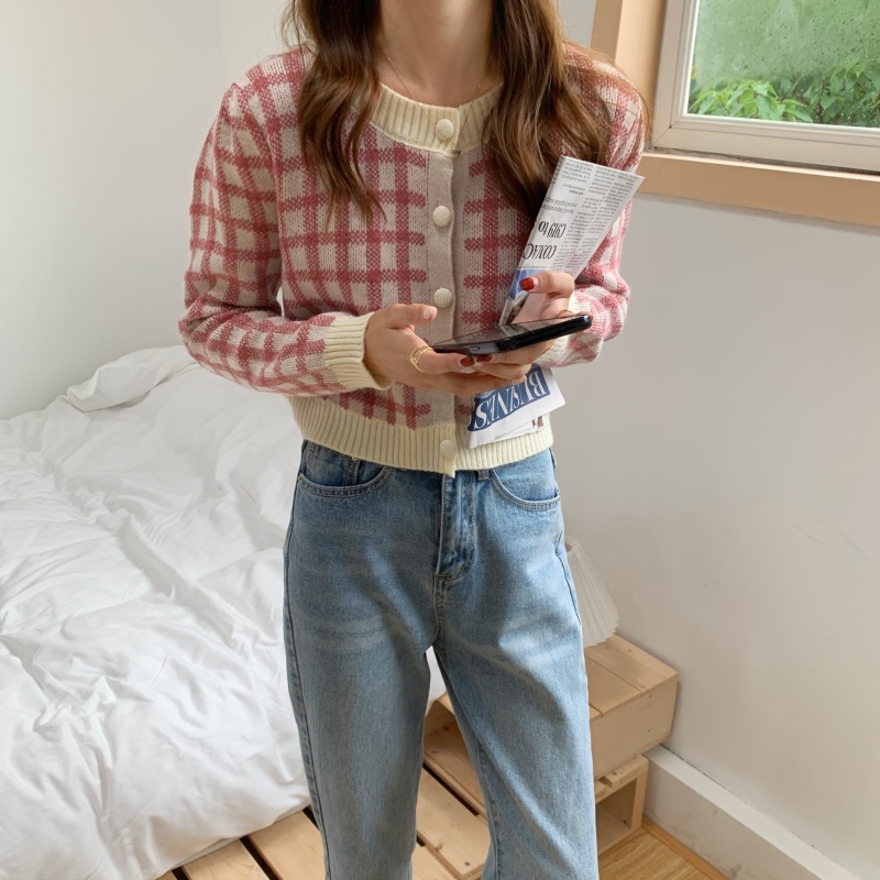 Áo khoác cardigan dệt kim tay dài họa tiết sọc caro phong cách Hàn Quốc thanh lịch