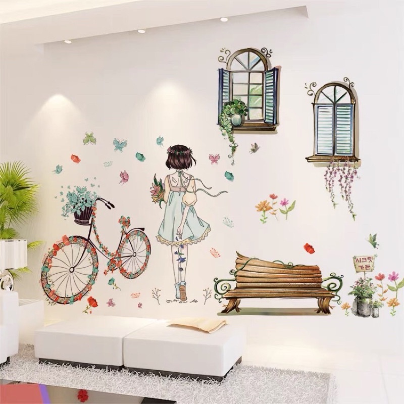 Decal dán tường cô gái xe đạp và cửa sổ