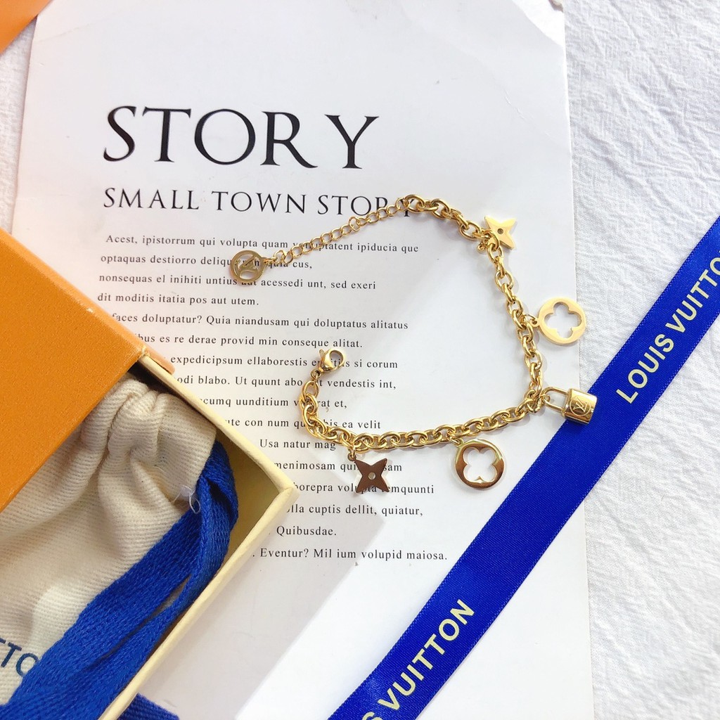 Vòng tay chuỗi xích mặt hình ổ khóa/cỏ 4 lá/logo LV thời trang cho nữ