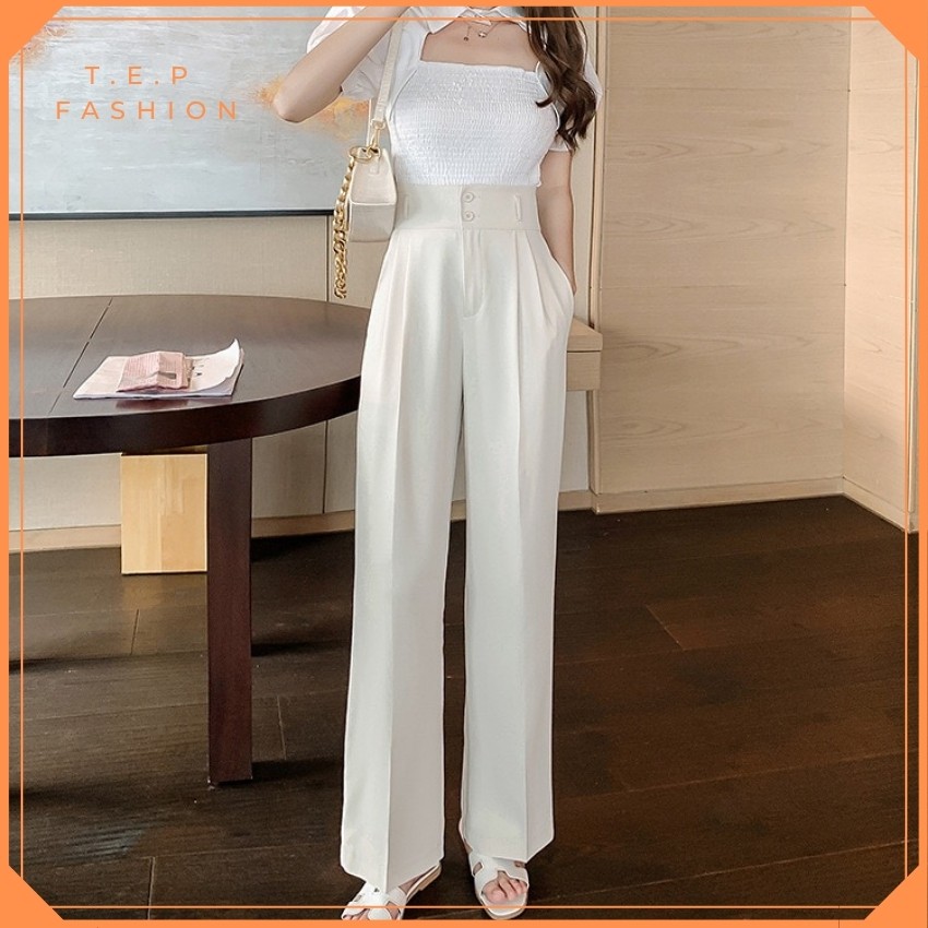 Quần Tây Nữ Lưng Cao Ống Rộng Hai Cúc Tông Dáng Tep Fashion - QT001