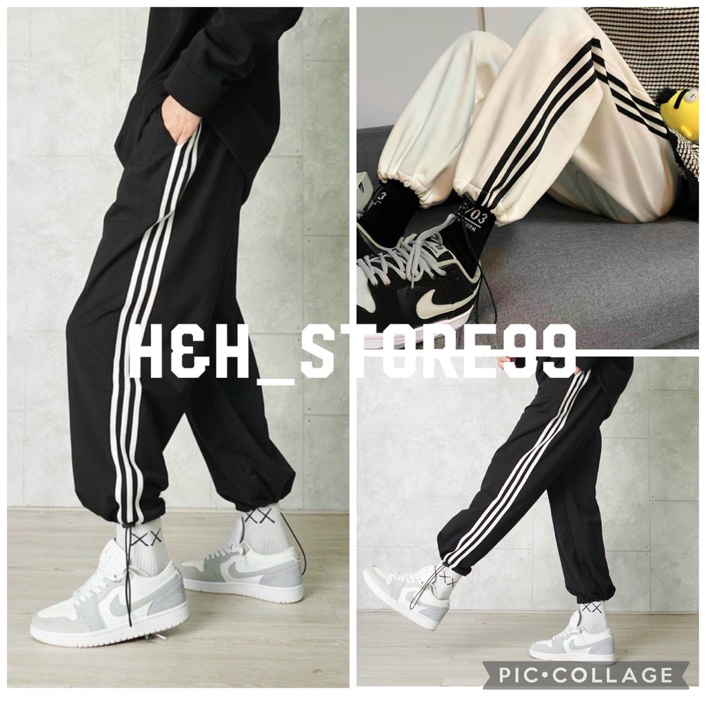 Quần nỉ thể thao 3 sọc ulzzang  Quần jogger rút dây nam nữ form rộng unisex kiểu dáng thể thao ống xuông freeship sale