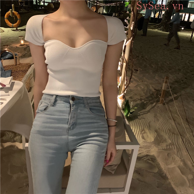 Áo thun gân ngắn tay thiết kế cổ hở thời trang cho nữ | BigBuy360 - bigbuy360.vn