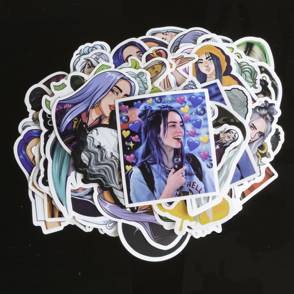 Bộ 50 miếng dán sticker, stickers cao cấp chủ đề Billie Eilish trang trí Vali Laptop Mũ Bảo Hiểm Xe Máy Guitar Ukelele